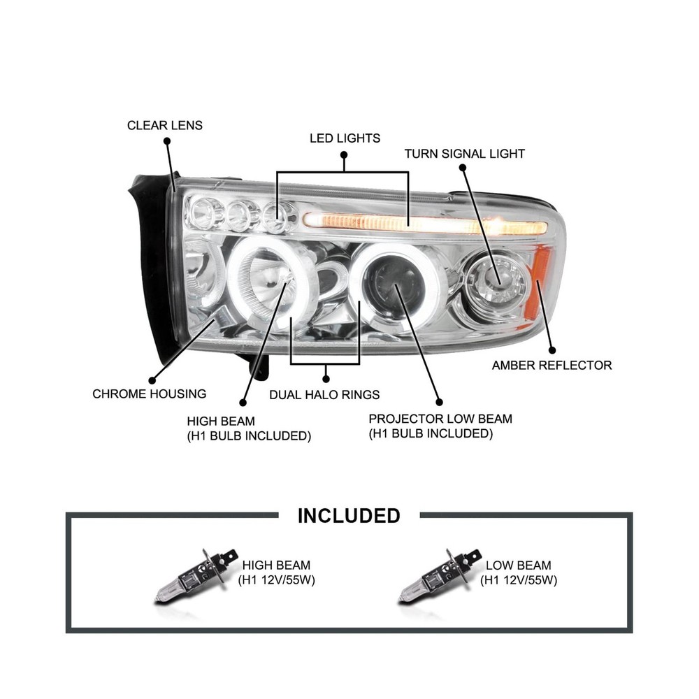 SPEC-D TUNING Chrome Housing Clear Lens Projector Headlights Compatible with ...