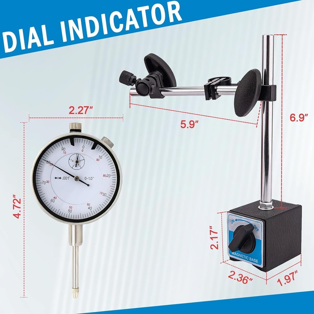 Professional Dial Indicator Set with Magnetic Base 0-1" .001" Range