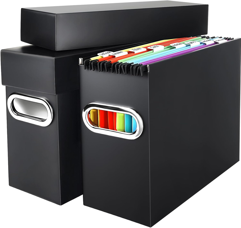 File Organizer Box with Lid & Handle, Thickened Cardboard Hanging File Folder...