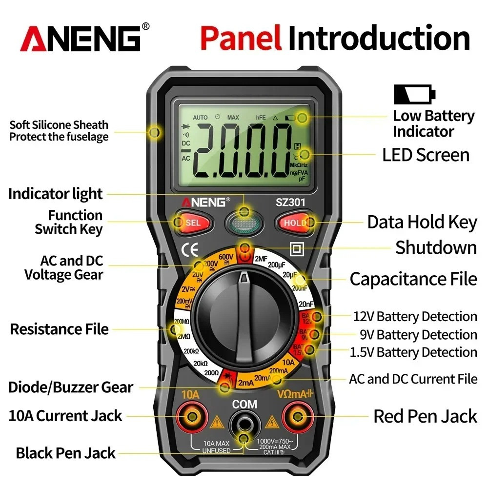 ANENG Digital Multimeter with Case,DC AC Voltmeter,Ohm Volt Amp Meter,Measures