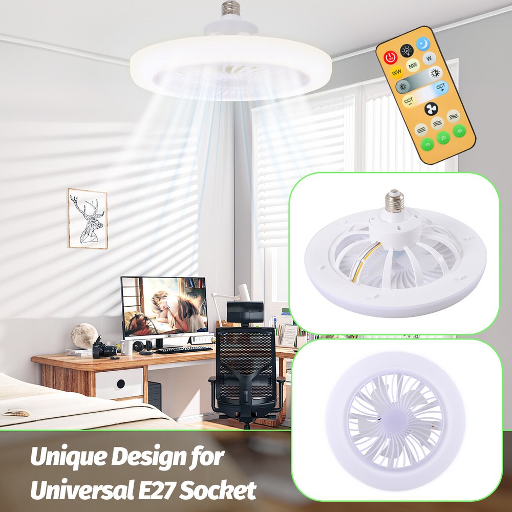 2 In 1 E27 Socket Fan Light With Remote Ceiling Fan Adjustable LED Smart 3 Speed