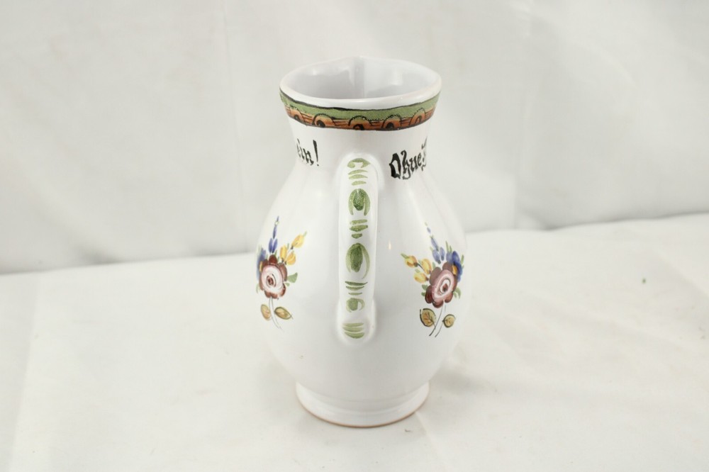Faience Handled Pitcher German Writing Peasant Hand Painted