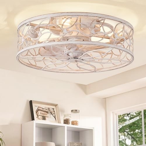 Caged Ceiling Fans with Lights, White Flush Mount Ceiling Medium White Gold