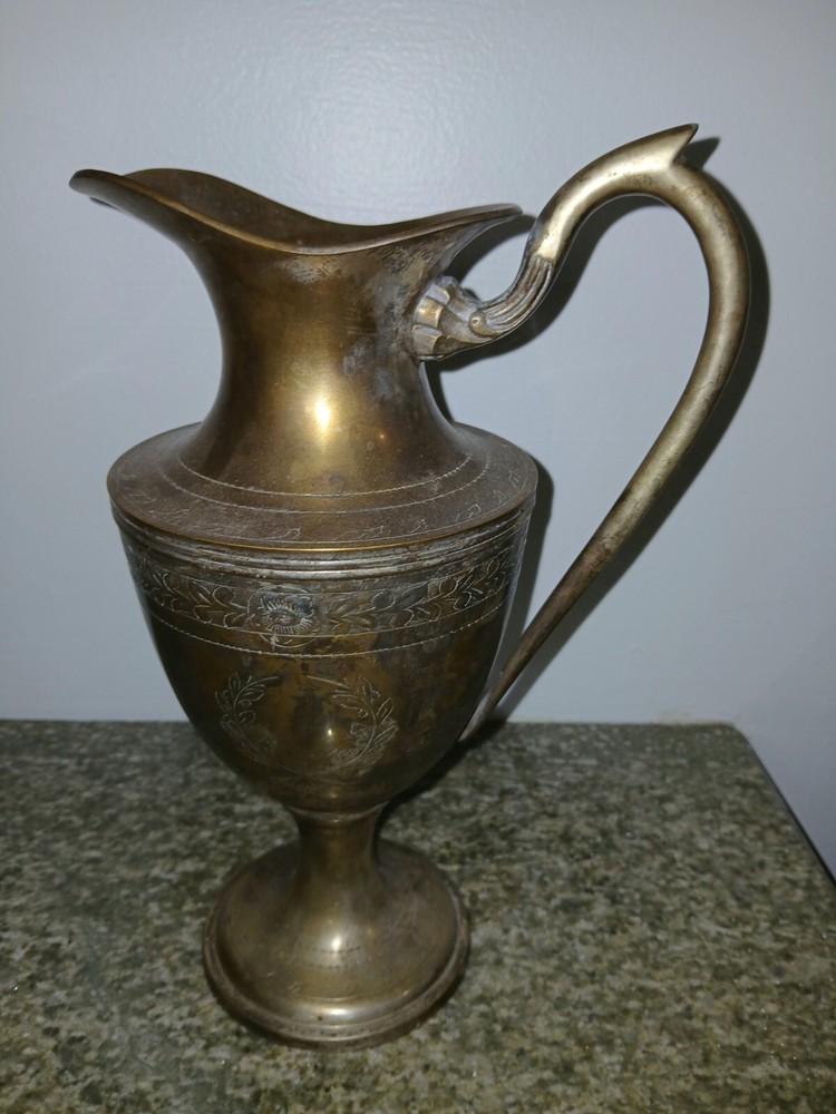 Vintage Distressed Scribed Silver Plate over Brass Pitcher