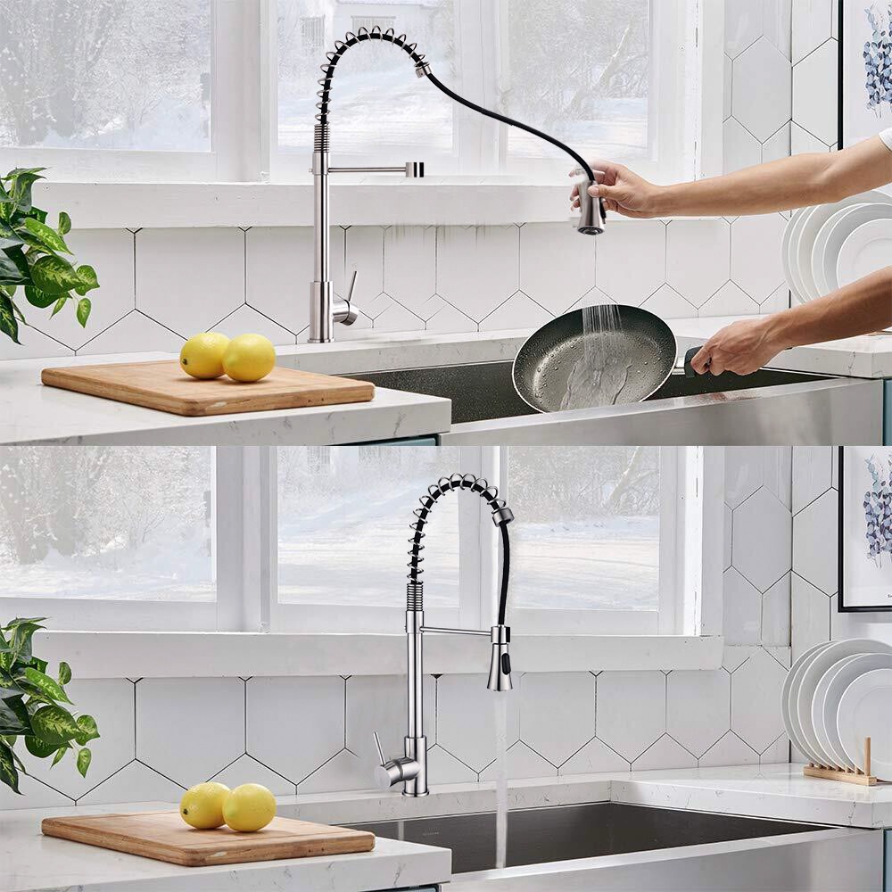 Pull Down Kitchen Sink Faucet Swivel Single Handle with Deck Plate Brushed