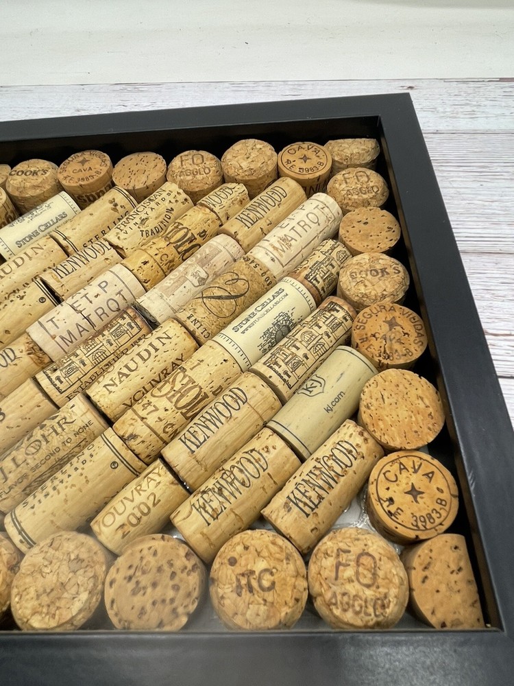 57 Assorted Wine Bottle Corks In Wood Frame 10"Tall x 10”W