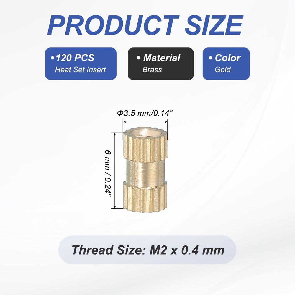 120 Pcs Threaded Heat Set Inserts M2x6x3.5mm Brass Knurled Insert Tip Nut