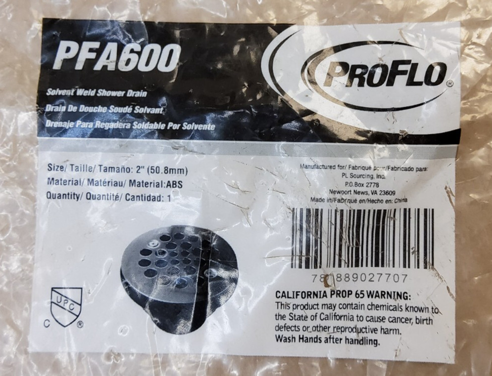 2'' PROFLO SOLVENT WELD SHOWER DRAIN PN: PFA600