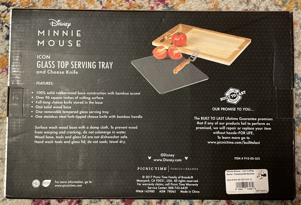 DISNEY ICON MINNIE MOUSE GLASS TOP RECTANGULAR CHEESE CUTTING SERVING BOARD NEW
