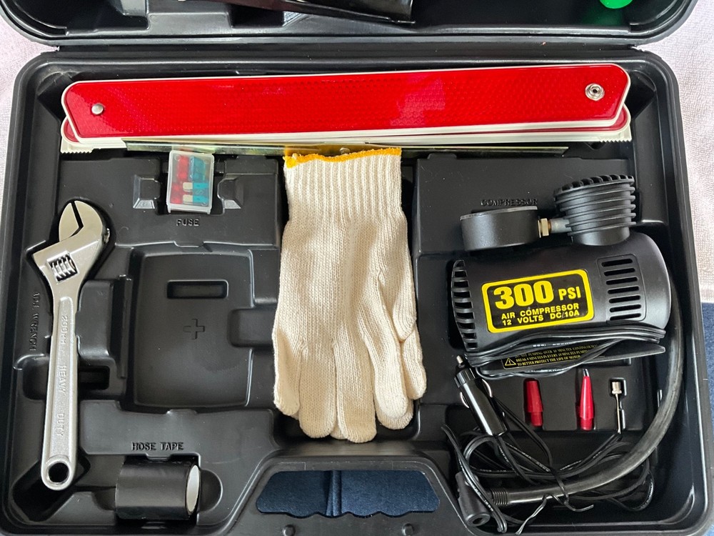 Vtg. NEW Enterprise Emergency Car Kit Jumper Cables Compressor Tools