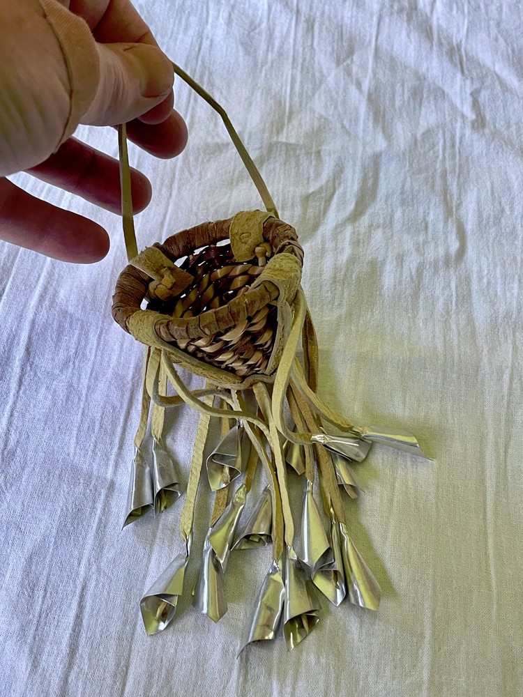Miniature Apache Burden Basket Handwoven Leather strips tin Cones 7"