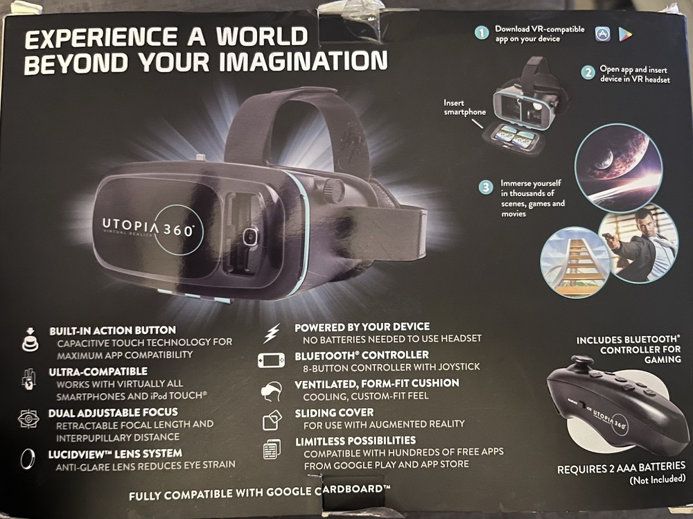 Utopia 360 Virtual Reality 3D Headset + Bluetooth Controller In Box