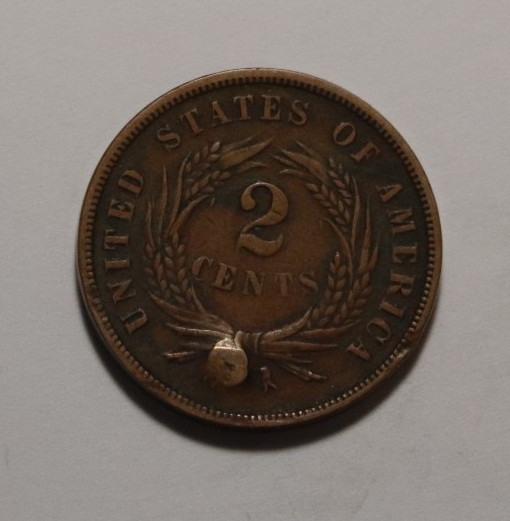 1868 2 Cent Piece, Very Nice but plugged
