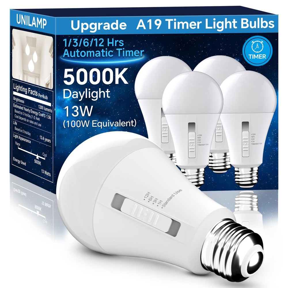 Timer Light Bulbs (4-Pack), 2 Mode: Auto On/Off (1H/3H/6H/12H) or General E26...