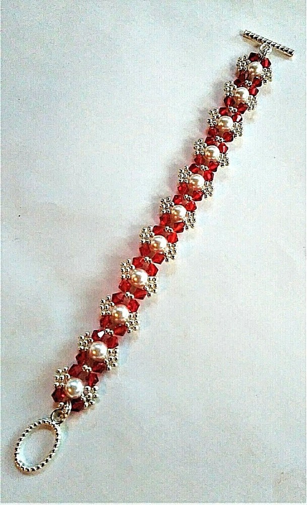 Handmade Red White Pearl Beaded Bracelet