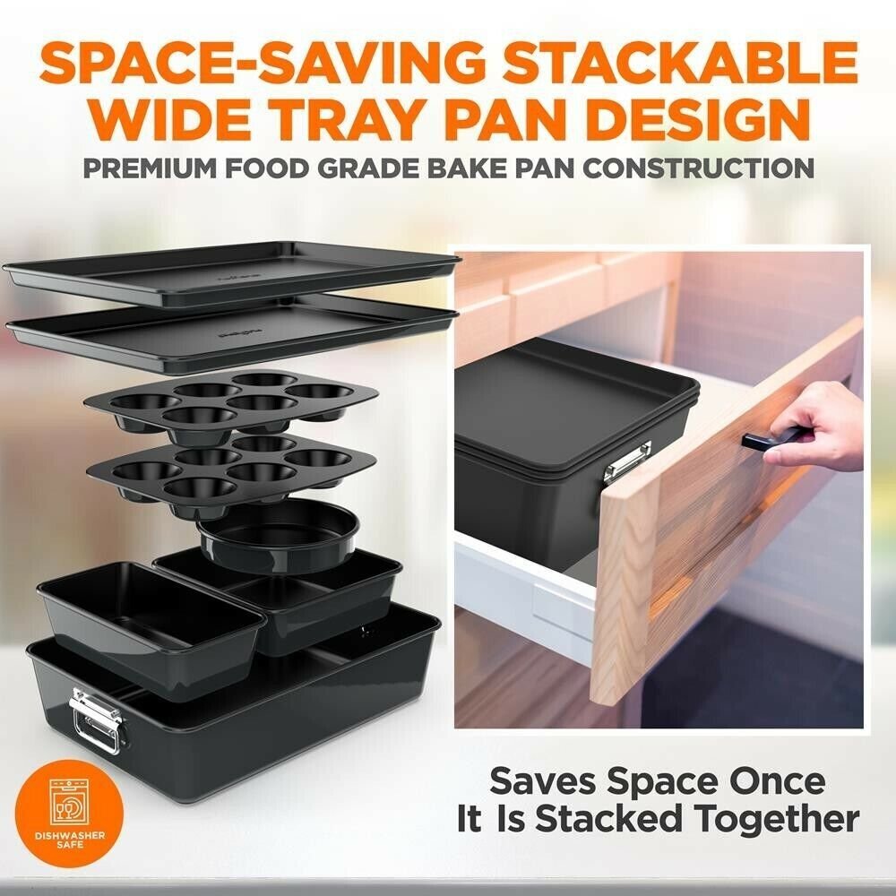 Nutrichef 8pcs. Stackable Carbon Steel Bakeware Sets - Non-Stick Coating (Black)