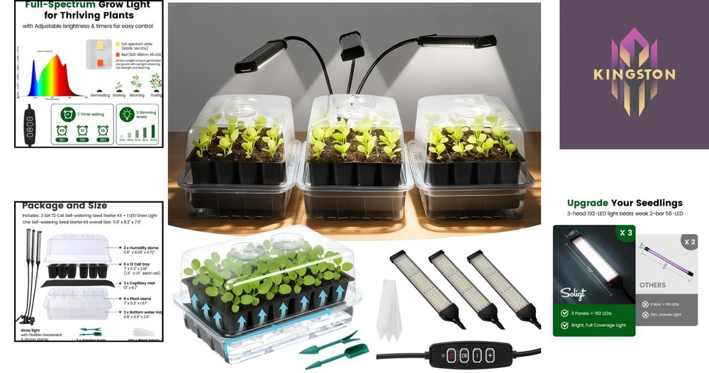Compact 72 Cell Self-Watering Seed Starter with Full Spectrum Grow Light & Timer