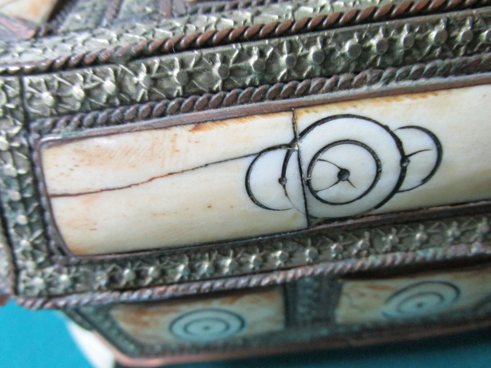 Middle Eastern antique camel bone brass handmade footed box leather original