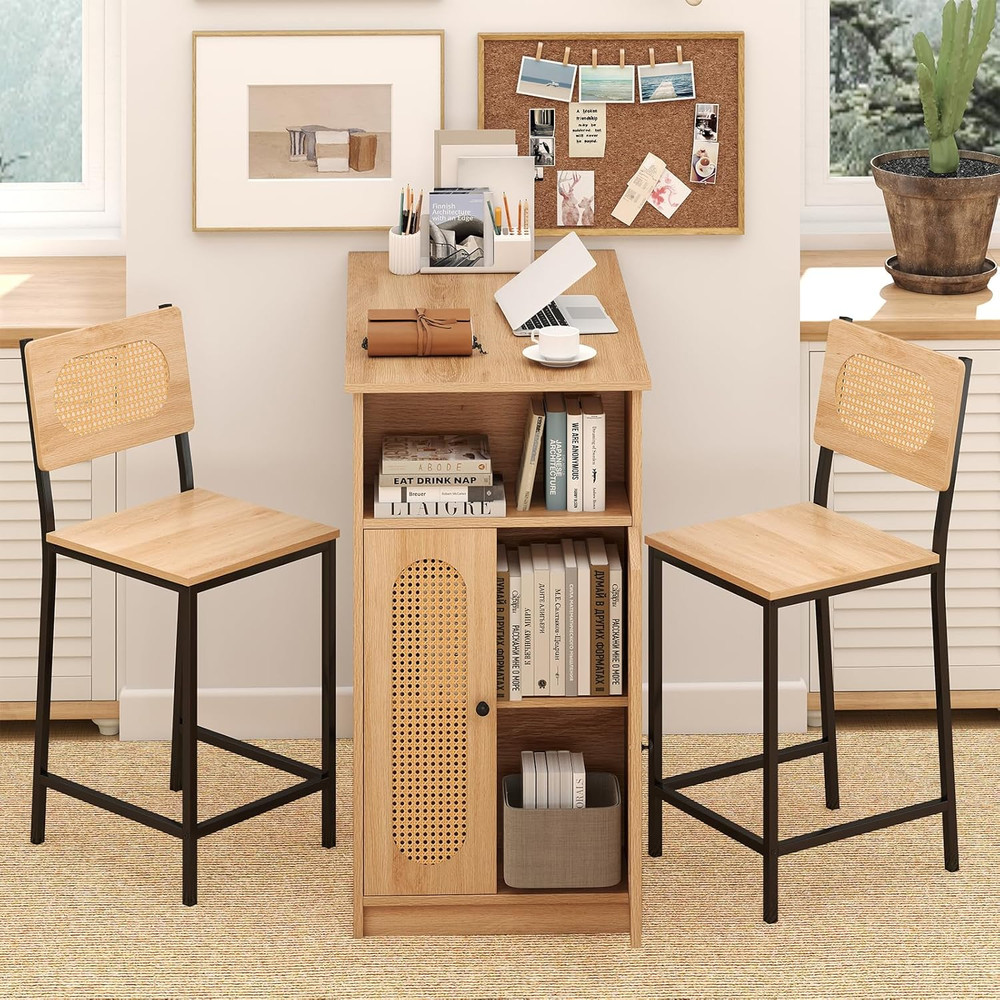 Boho 3-Pc High Top Table & Stools Set with Storage, Metal Frame, Counter Height
