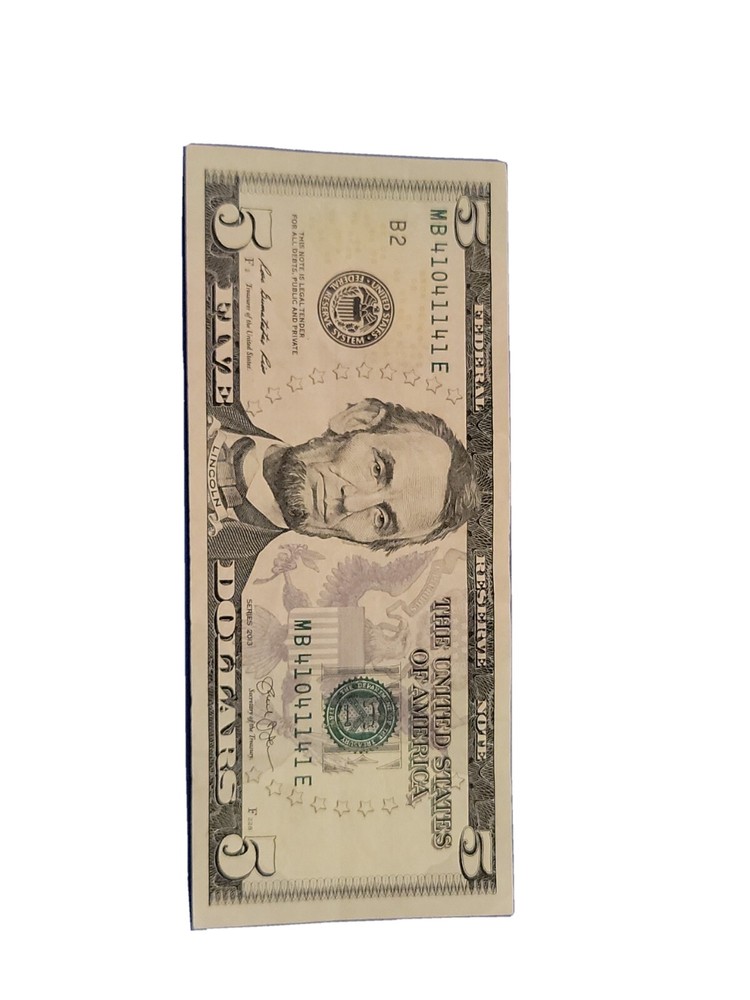 $FIVE DOLLAR BILL Trinary Repeater Fancy Serial Number with bleed through error!