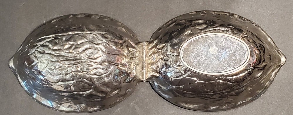 Vintage Pewter Nutcracker Silver Tone Metal Walnut Nut Shaped Hinged