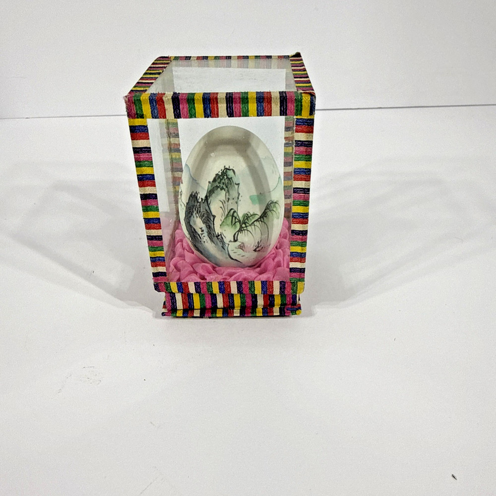 Chinese Painted Egg Shell In Glass Display Case Box ~Vintage