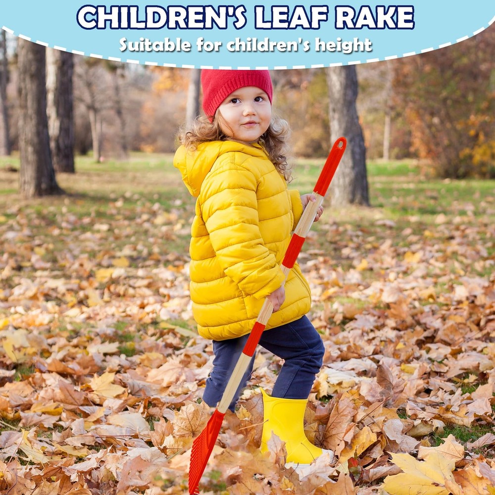 Kids Leaf Rake - 3-Section Adjustable Handle, Lightweight, Wood & Plastic, Sm...
