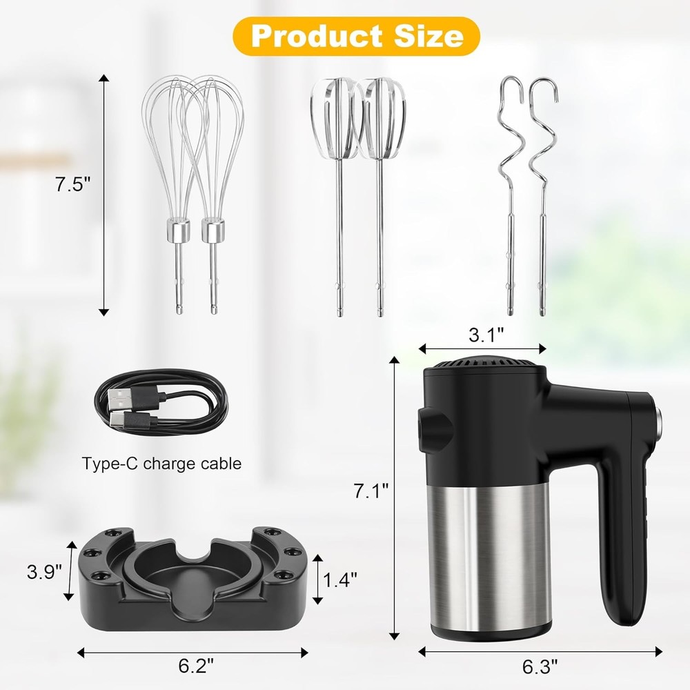 Cordless handheld blender, digital display, 7 speed settings, rechargeable