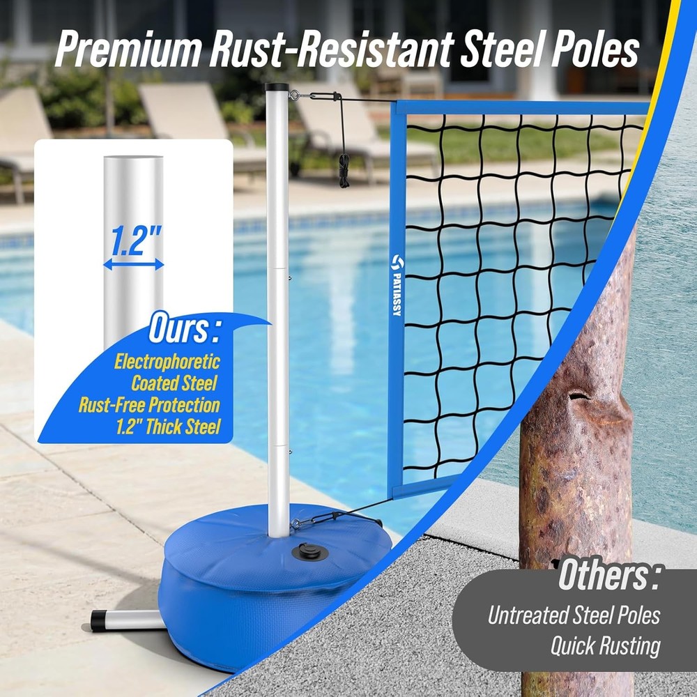 Pool Volleyball Net Set with Weighted Base Adjustable 15ft-32ft Length for Pools