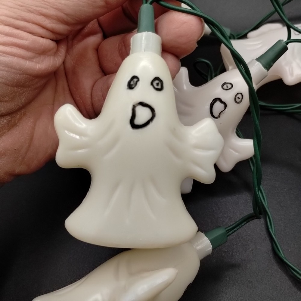 Vtg Halloween Plastic Ghosts String Light Set With Box Double Sided