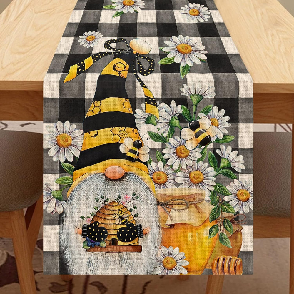 Spring Bee Gnome Table Runner, Honey Black White Buffalo Plaid Check Home Kitche