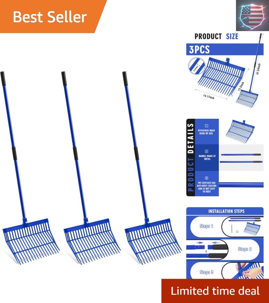 3 Sets Manure Fork with Long Metal Handle Pitch Fork Manure Rake Heavy Duty M...