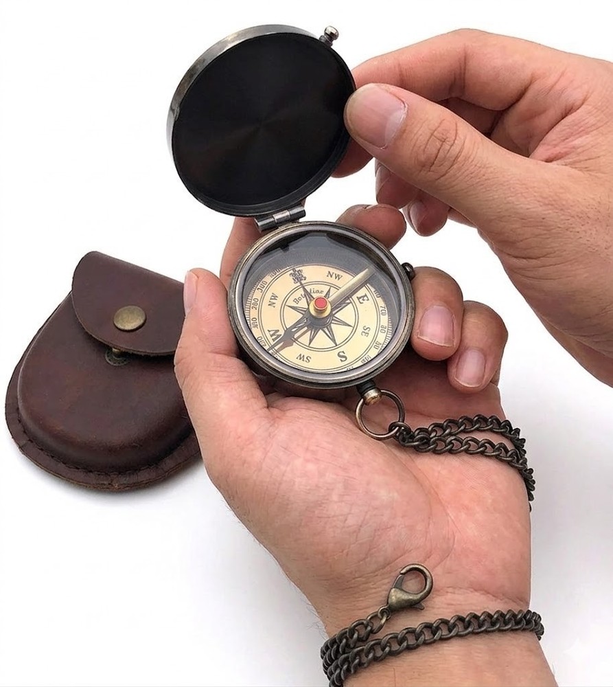 Maritime Treasures Engraved Brass Compass with Leather Case Gift