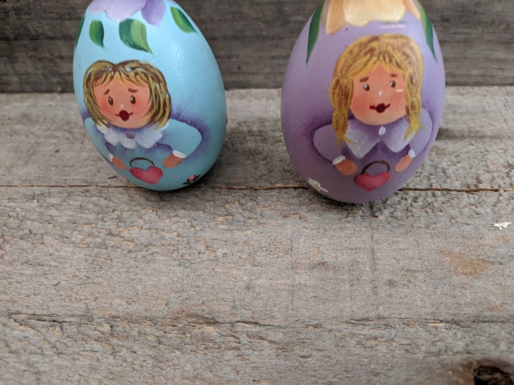 Pair of Hand Painted Wooden Spring Time Easter Eggs