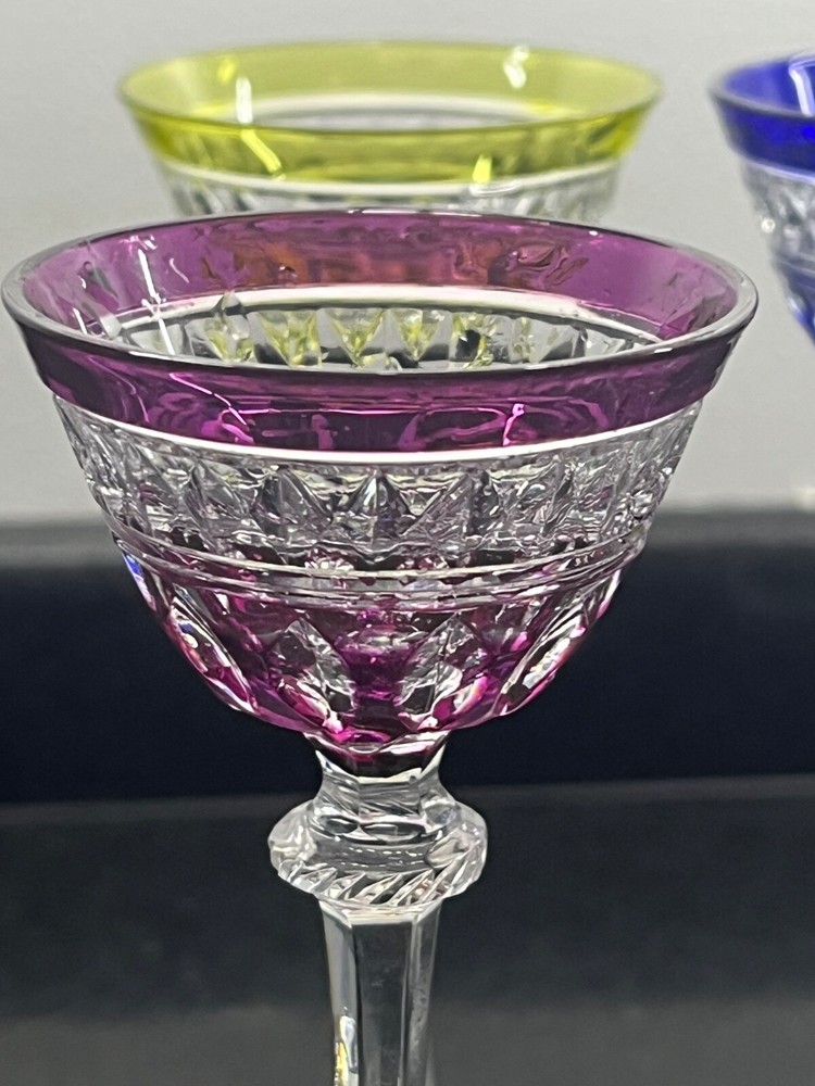 Rare Multi Colored Set Crystal Cut Cordial glasses 4 pieces.