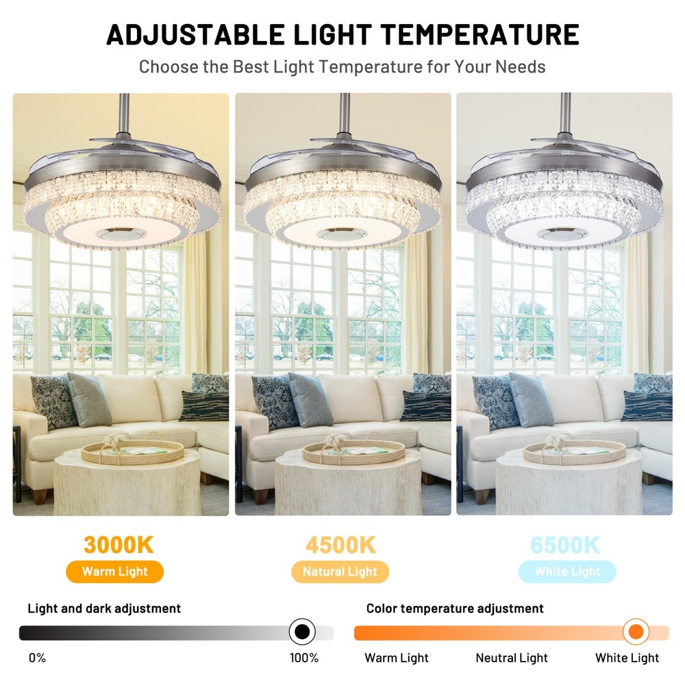 Bluetooth Crystal Ceiling Fan with Light – Retractable Blades, Dimmable LED