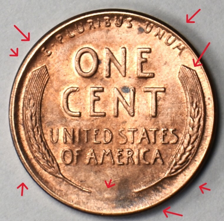 1949 D Penny Error Red Mint State Multi Error Double Die, Cracks Collar Filled D