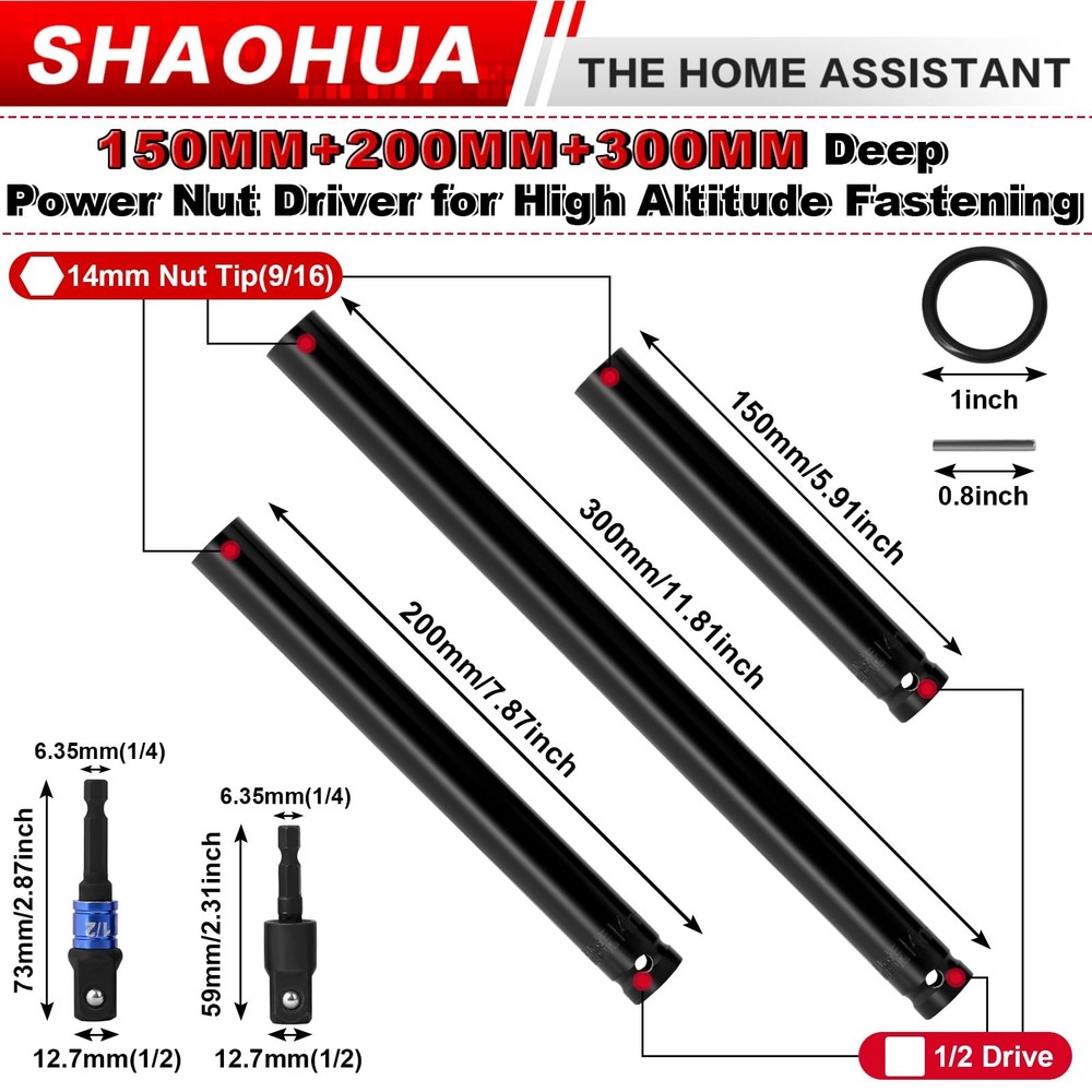 "9/16"" Nut Driver Set - Deep Hollow Socket with 1/4"" Hex Adapter 3 Sizes"