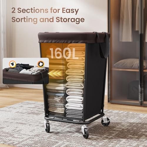 Laundry Basket with Wheels, 2-section Rolling Laundry 160L 2 Section-Black