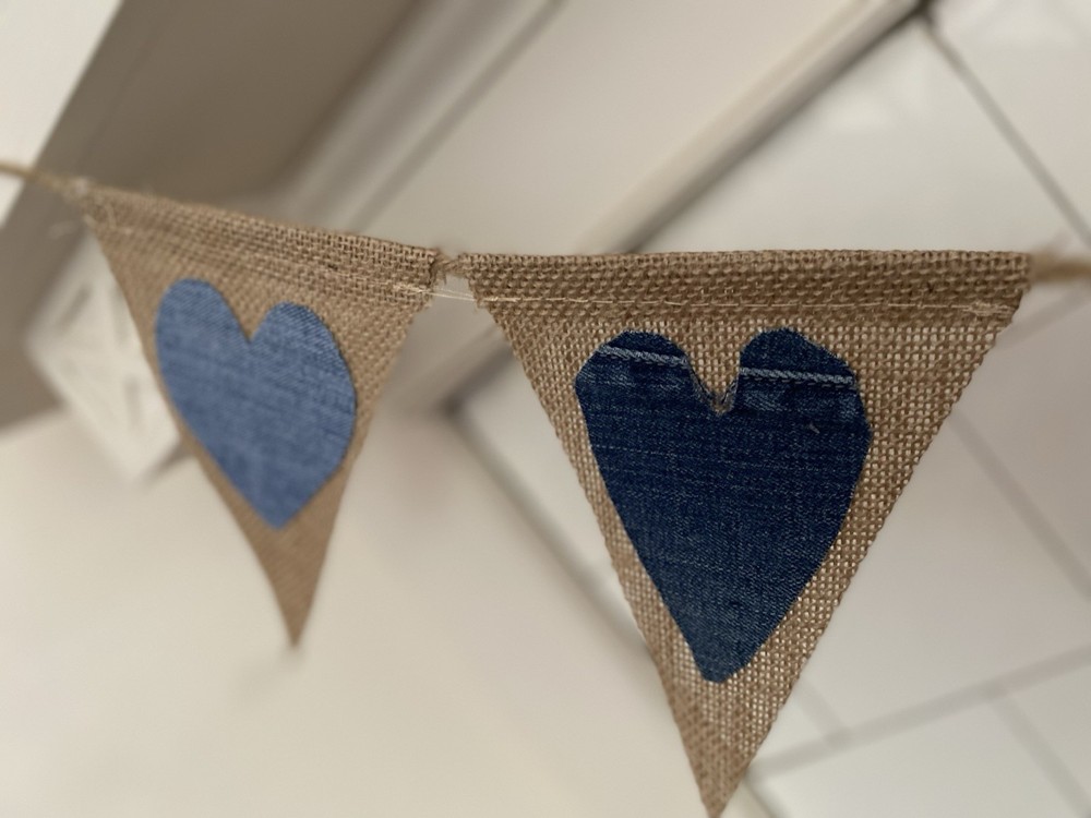 String Pennant Triangles With Denim Hearts Made To Order USA 8-5”x7” PerString