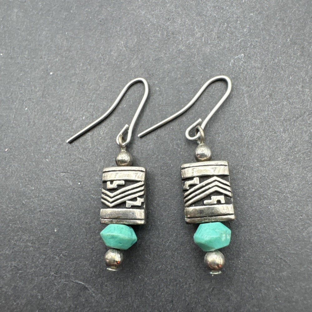 Native Inspired Dangle Drop 1.25” Earrings Silver Tone Turquoise