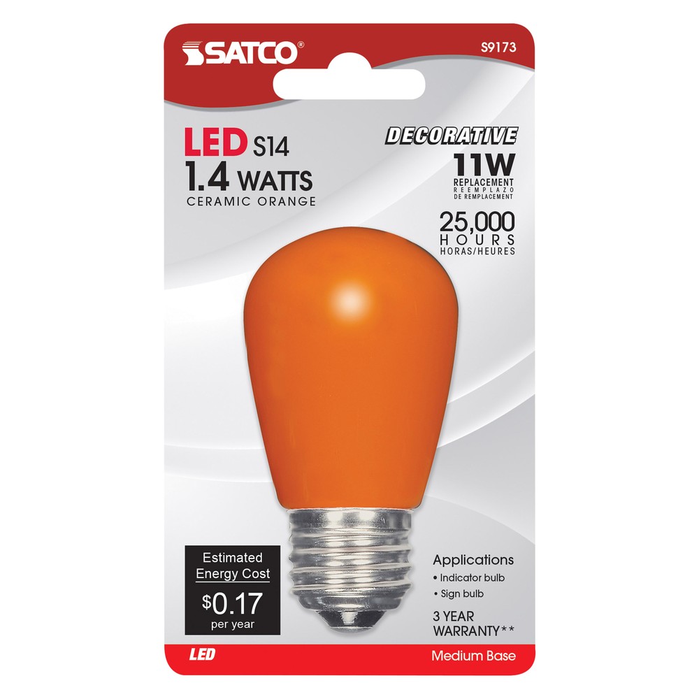 Satco LED CERAMIC ORANGE Sign Indicator Bulb 1.4W =11W S14 120V Medium E26 Base