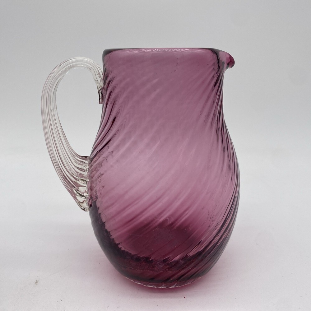 Cranberry Swirl Glass Small Pitcher Applied Clear Handle