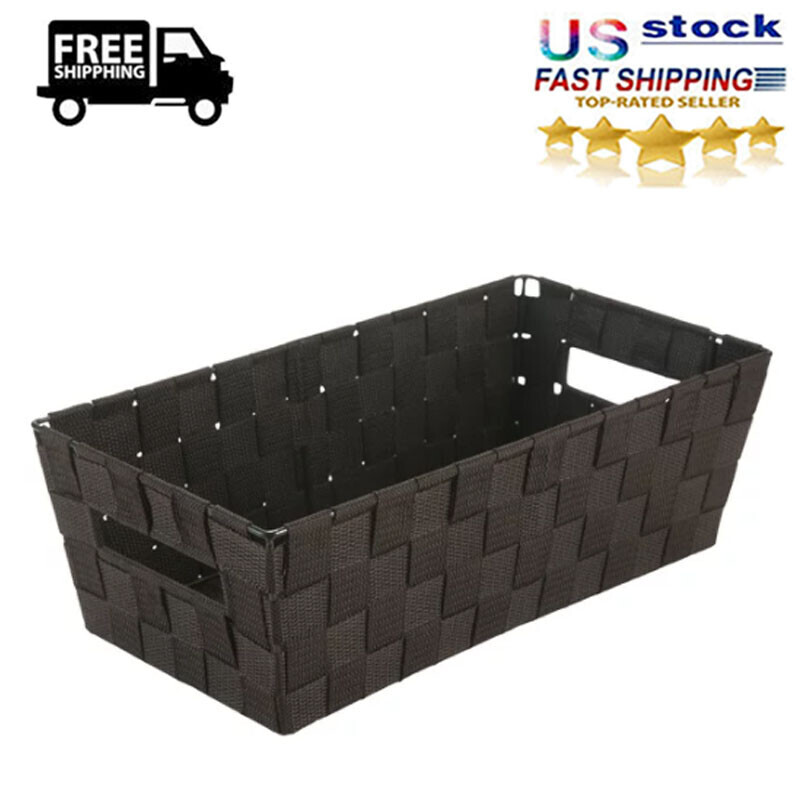 Medium Woven Strap Shelf Tote Basket Container Storage Organizer w/Handles