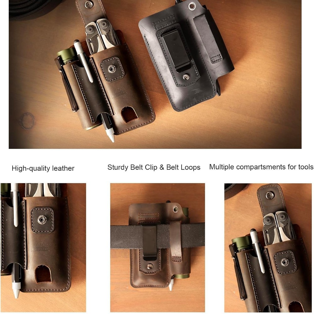 Leather multitool sheath with belt clip and compartments for EDC tools
