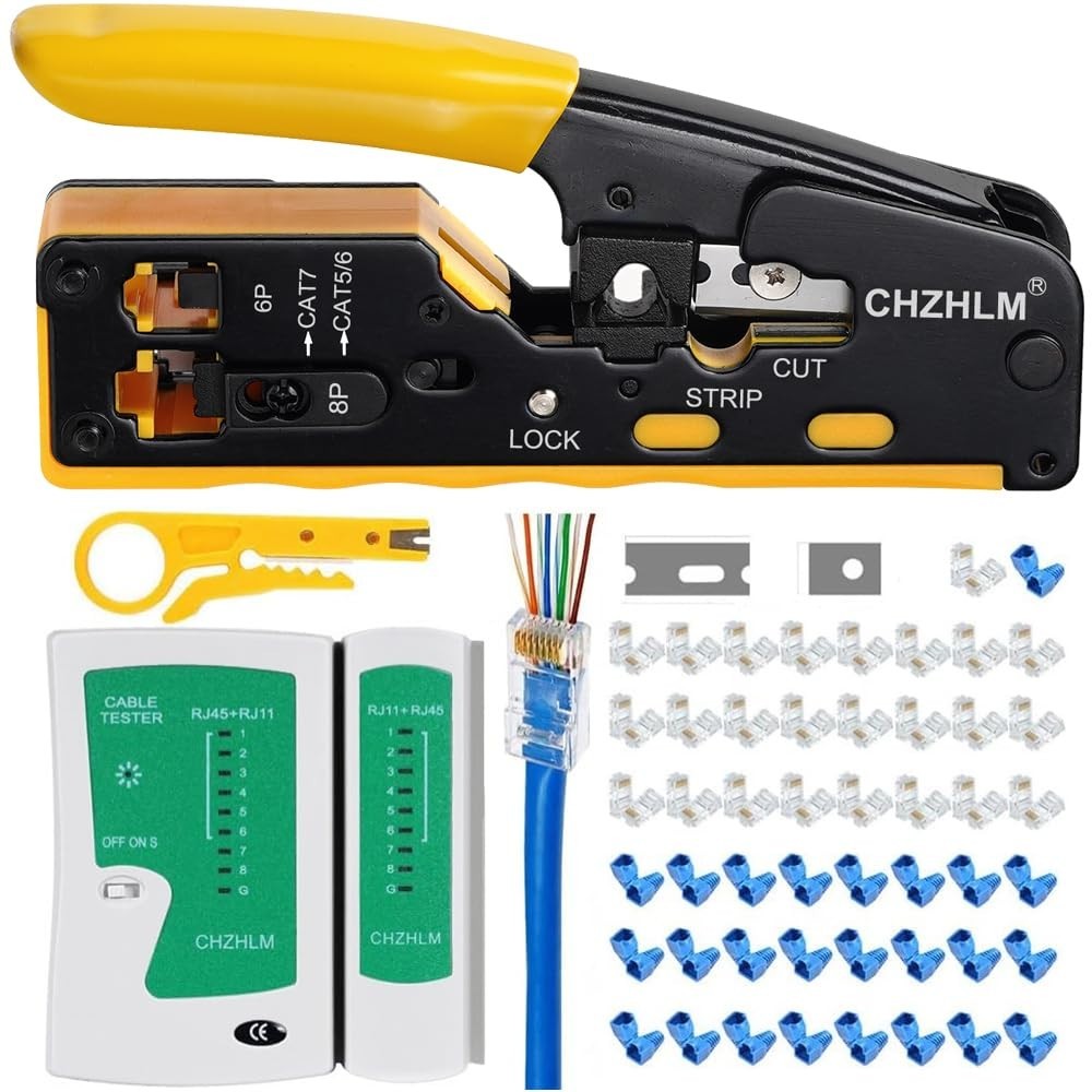 Ethernet Crimping Tool Kit - RJ45 Pass-Through Crimper, Cable Tester, Stripper,