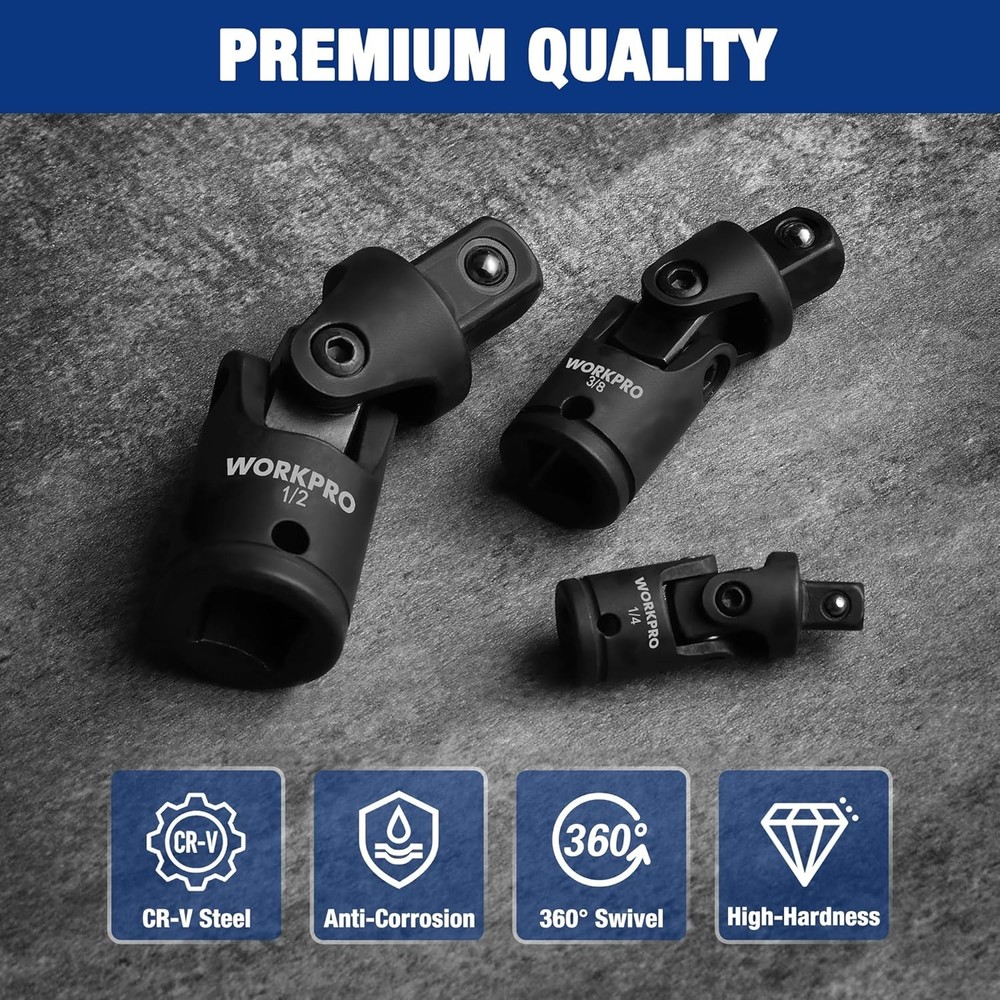 WORKPRO 3PC Universal Joint Socket Adapter Flexible U-Joint Set 1/4" 3/8" 1/2"Dr