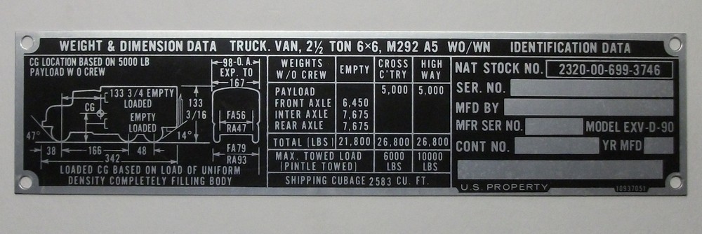 M292 A5 Data Plate Serial Number Identification 10937051