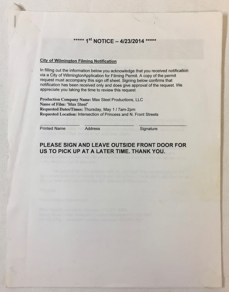 MAX STEEL original paperwork ~ FILMING NOTICE/PERMIT
