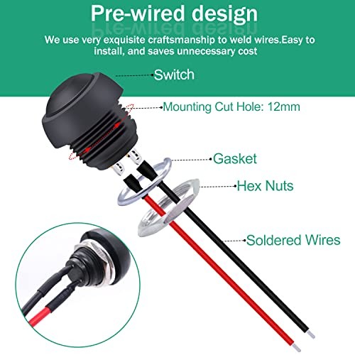 /6Pcs 12mm Momentary Push Button Switch 1/2" Mounting Hole On Off Mini Black